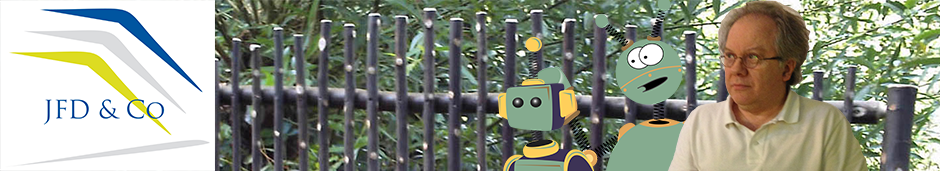 Composition sur un fond de verdure et une palissade l'mage du petit robot, le grand robot vert, de J.-F. Desessard et le logo de JFD & Co